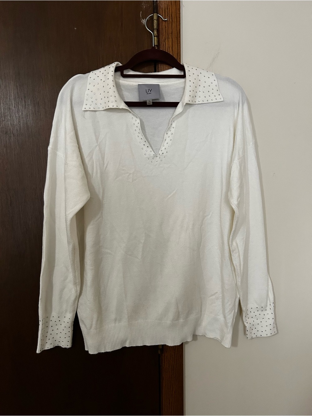 Milano White V-Neck Sweater with Studded Collar and Cuffs